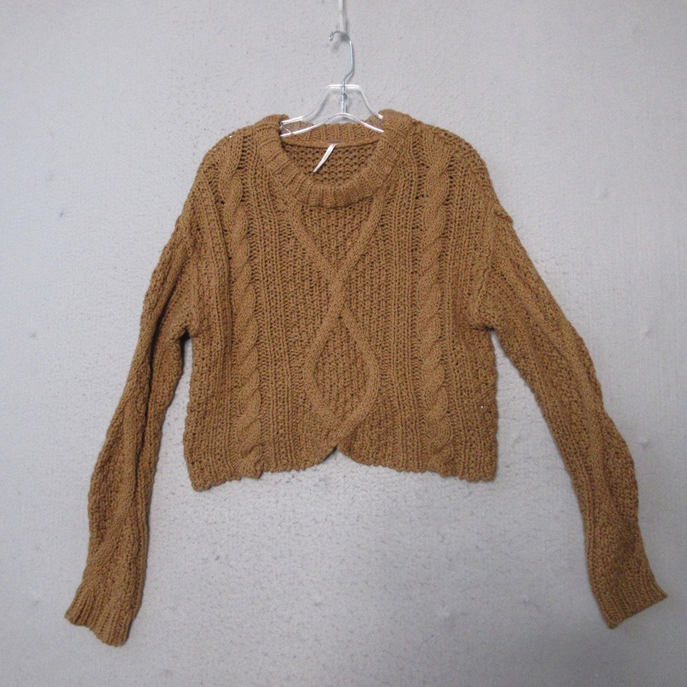 Free People Sweater XS Brown Cable Knit Cropped Boho Cotton Neutral Grunge Indie